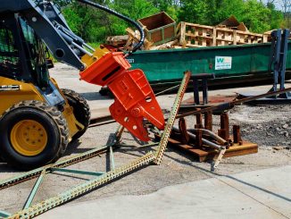 Demolition shears use hydraulic force and hardened blades to cut structural steel cleanly rather than fracturing it through impact. This controlled cutting method reduces vibration and improves jobsite safety during heavy civil demolition. Photo Credit: NPK Construction Equipment, Inc.
