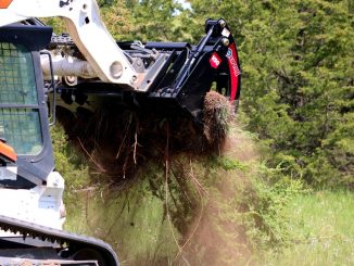 Root grapples are designed with wide tine spacing that allows soil to fall through while retaining organic debris like roots, brush, and logs. This design helps reduce hauling volume and disposal costs on vegetation-heavy land-clearing projects. Photo Credit: Virnig Manufacturing