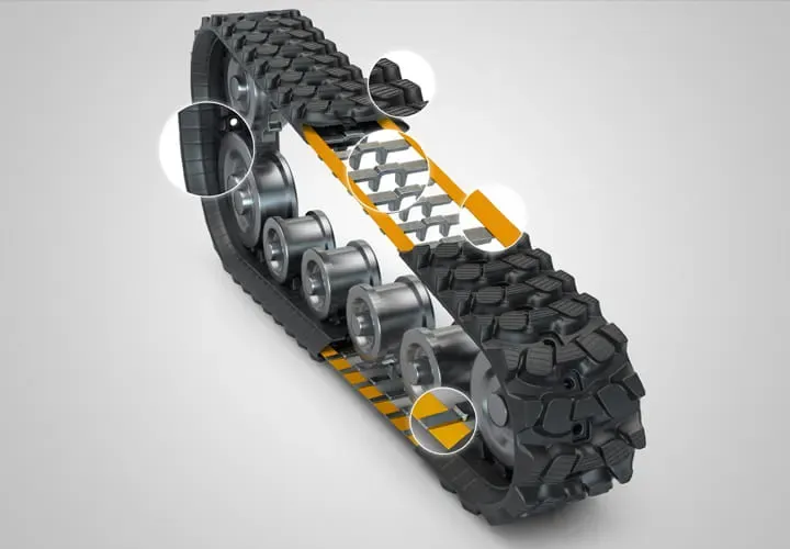 Rubber tracks provide better traction and reduce slippage, which can improve consistency and shorten cycle times on uneven ground. Tires, however, typically last longer on hard surfaces and require less frequent replacement in those conditions. Photo Credit: Trelleborg Tires