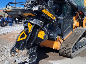 The MB-T150 Hydraulic Side Shift lets skid steer operators slide and rotate compatible attachments directly from the cab, expanding the tool’s working range without repositioning the machine. Photo Credit: MB Crusher