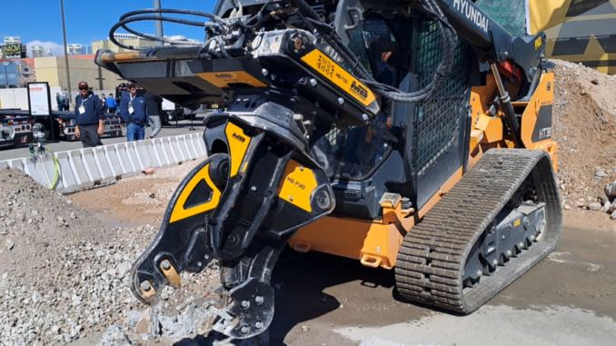 The MB-T150 Hydraulic Side Shift lets skid steer operators slide and rotate compatible attachments directly from the cab, expanding the tool’s working range without repositioning the machine. Photo Credit: MB Crusher