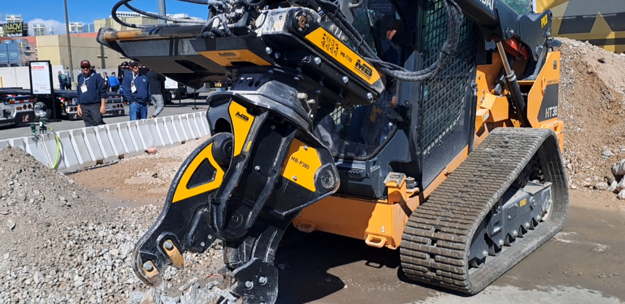 The MB-T150 Hydraulic Side Shift lets skid steer operators slide and rotate compatible attachments directly from the cab, expanding the tool’s working range without repositioning the machine. Photo Credit: MB Crusher