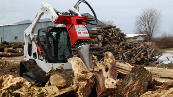 The HF-800 2-Speed Cone Screw Log Splitter uses a rotating cone screw to break apart large logs. The two-speed motor helps the splitter adjust power for tough material and lower-flow machines. Photo Credit: U.S. Pride Products