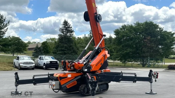 Spider cranes are commonly used in confined spaces because their compact size allows them to pass through narrow access points and operate indoors. Many models also use outriggers that provide stability in tight job site conditions. Photo Credit: Exact Crane & Equipment Corp