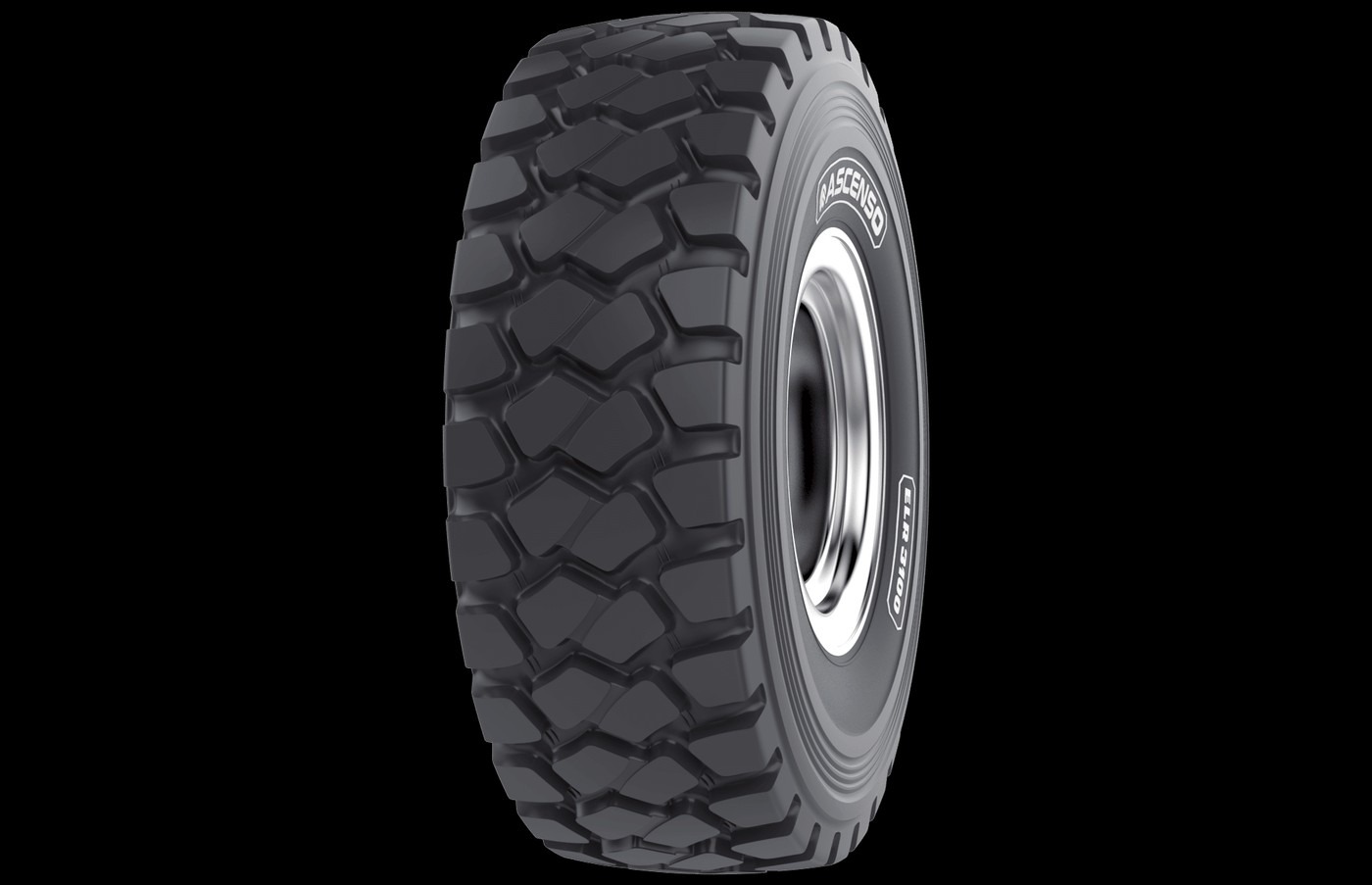 Ascenso ELR 3100 heavy-duty OTR tire with deep block tread on a silver rim against black background