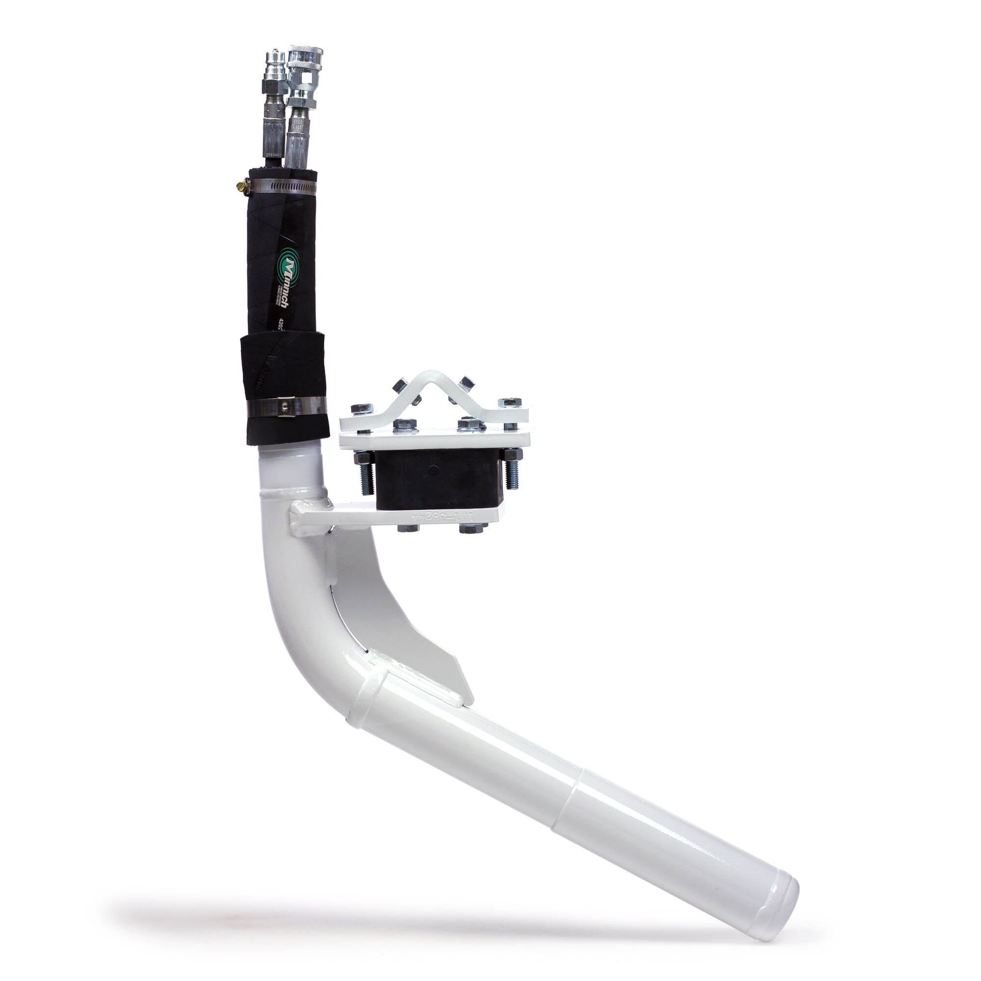 White hydraulic paving vibrator showing block isolator mount and hydraulic hose connections