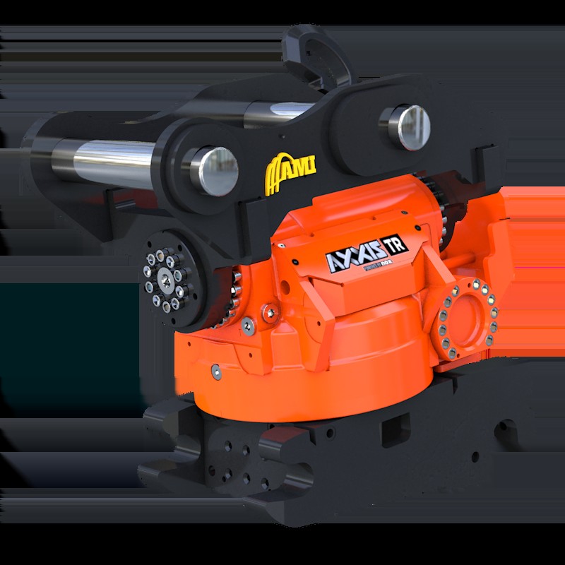 Orange and black AMI AXXIS TR tiltrotator coupler assembly on black studio background