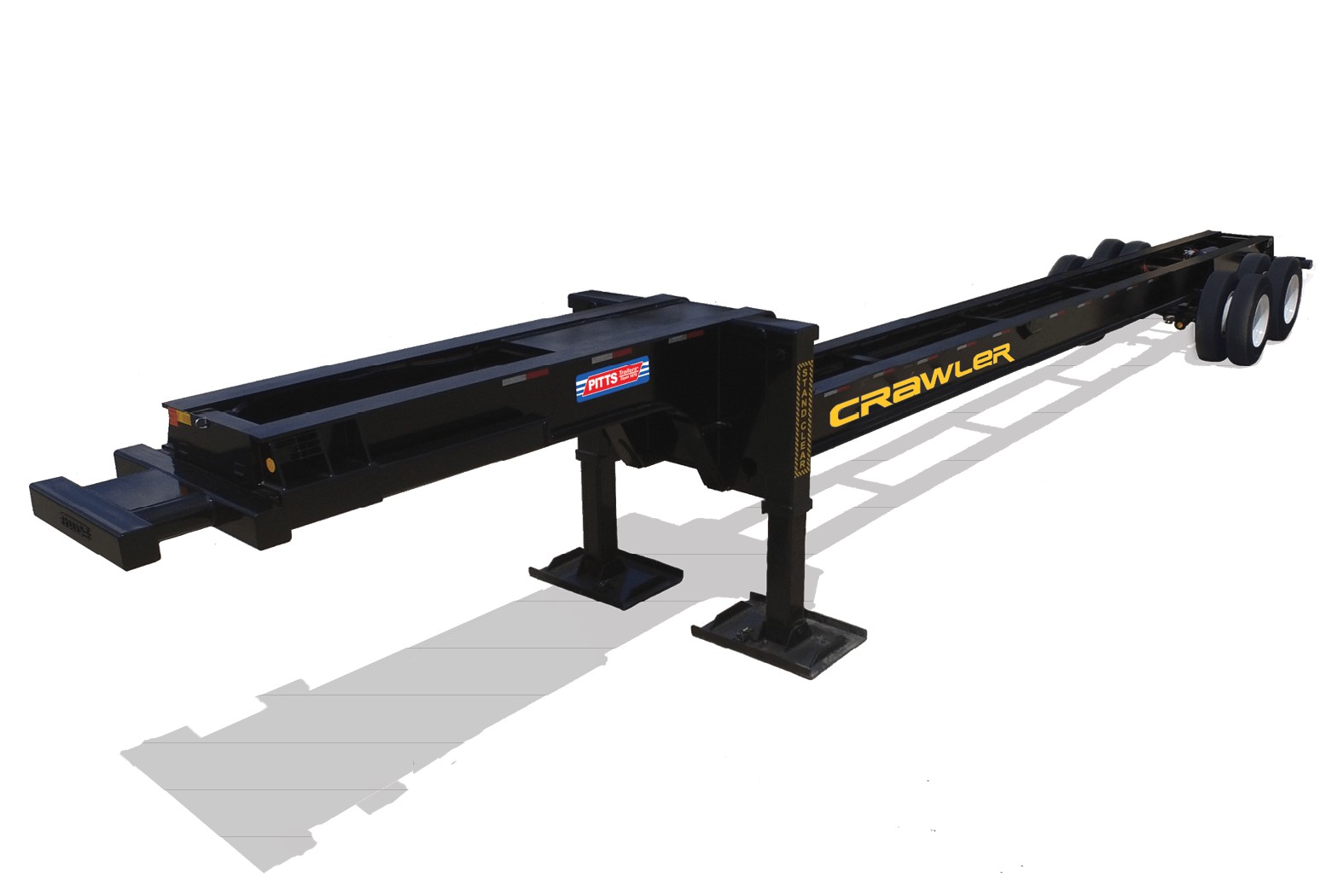 Black Pitts Trailers Crawler chassis with gooseneck, landing gear, and tandem axles on white background