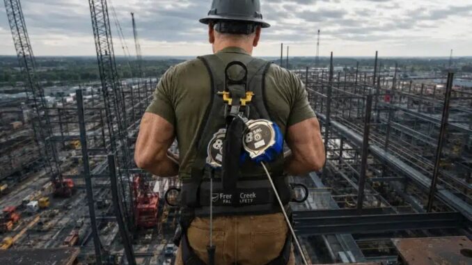 Worker in FrenchCreek fall safety harness with dual SRLs on steel frame