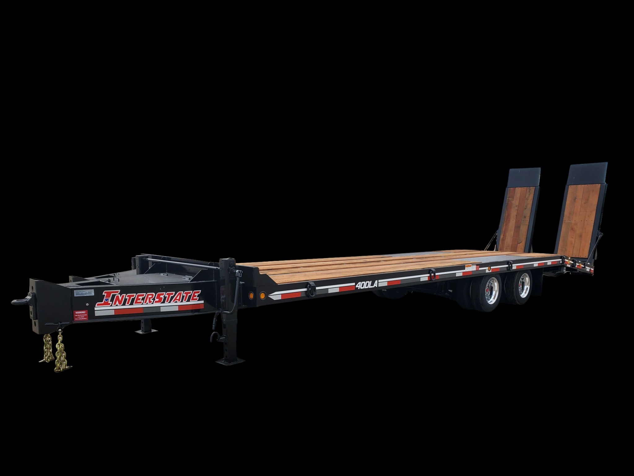 Black Interstate Trailers 40DLA tandem dual-tire tag-along equipment trailer with wood deck and fold-up ramps