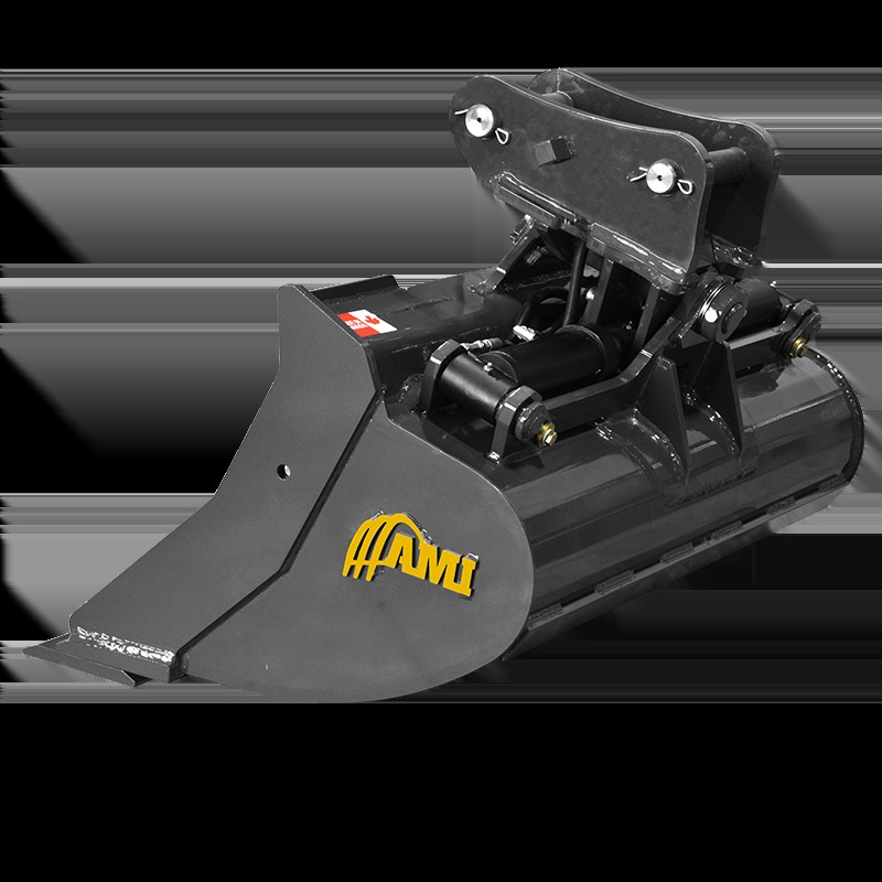 Black AMI hydraulic tilt ditch-cleaning bucket with dual cylinders on black background