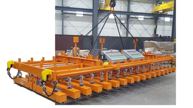 Orange multi-magnet lifting beam with selective control panels and grid of magnets against black background