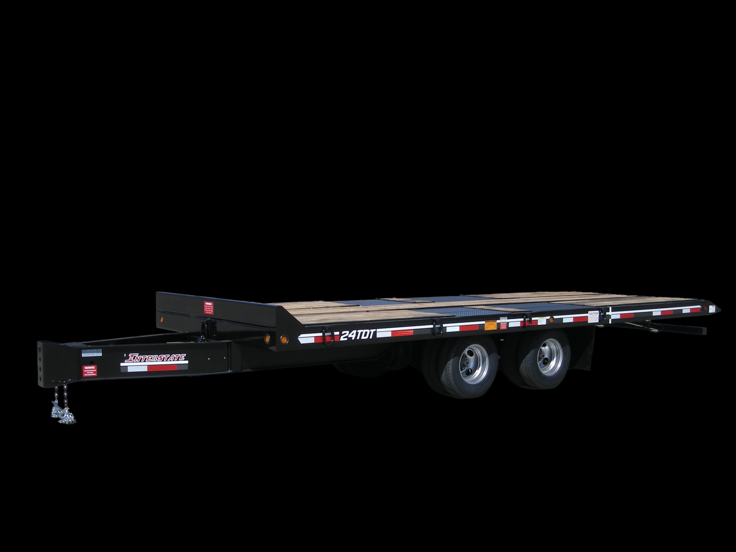 Black Interstate Trailers 24TDT tandem dual-tire tilt deck trailer with wood deck against black background