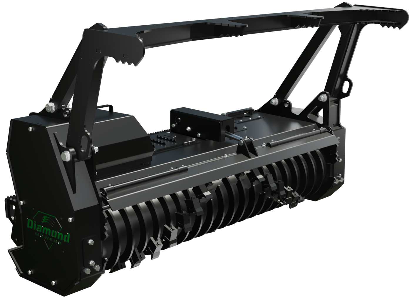 Depth-control skid-steer drum mulcher attachment with push bar