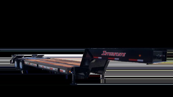 Black Interstate 70LBG gooseneck lowboy equipment trailer with wooden deck and tandem axles