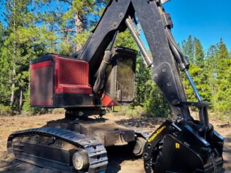Black Rockland Krypto-Klaw grapple attachment on red tracked forestry machine in a pine clearing