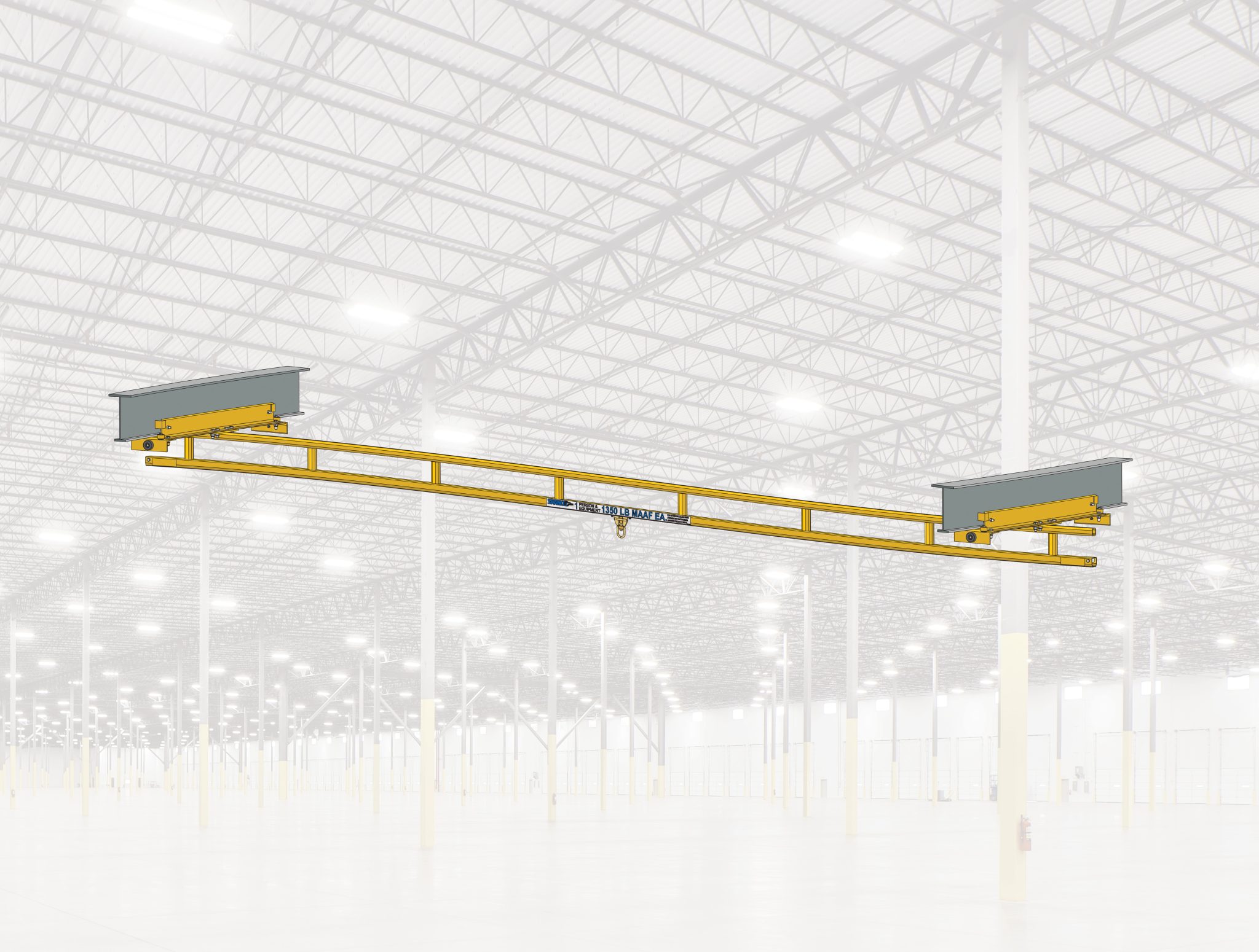 Technician in a harness on a jet wing connected to yellow overhead rigid-rail fall protection tracks in an aircraft hangar