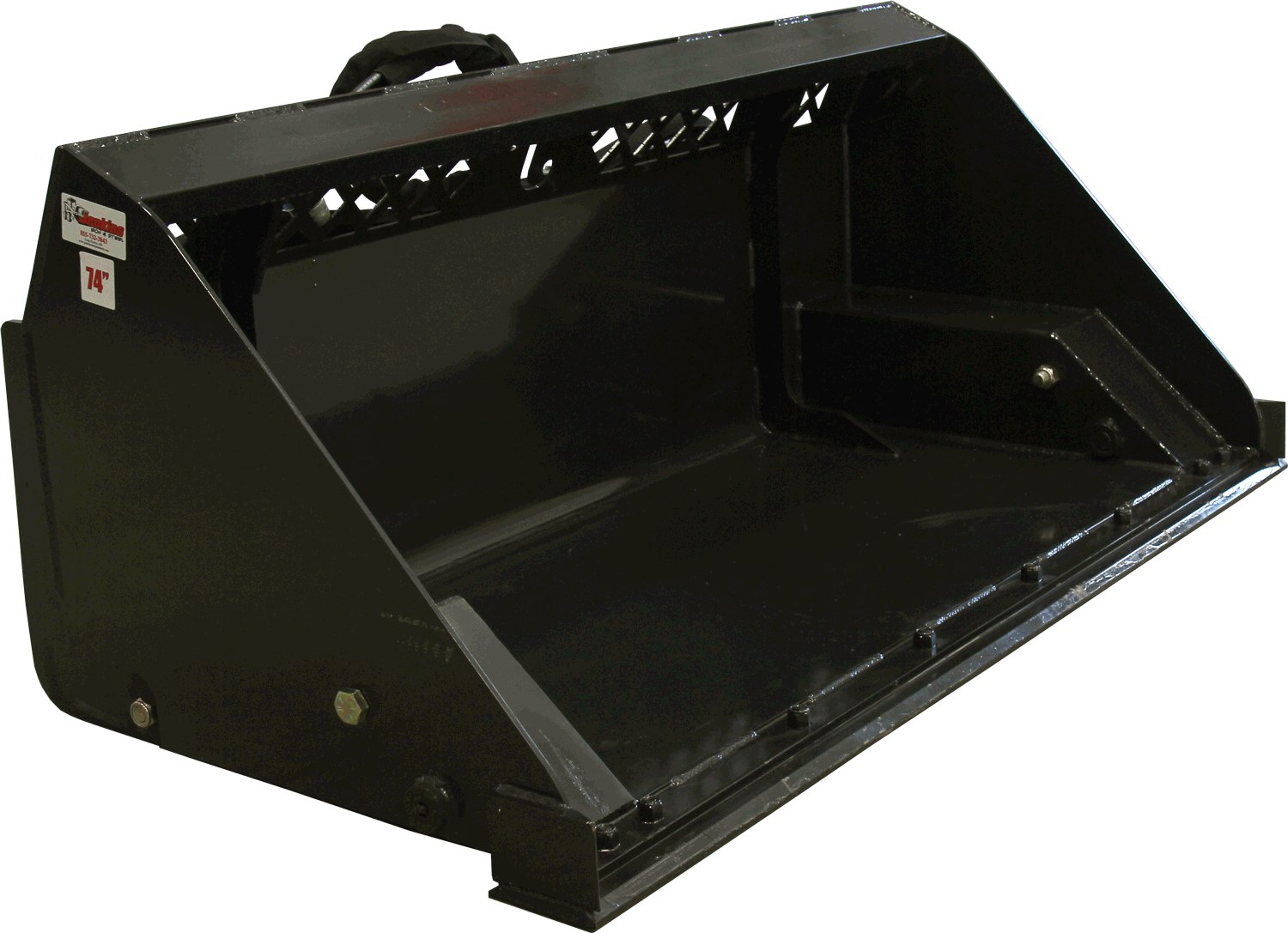 Front three-quarter view of a commercial high-dump skid steer bucket with visibility screening