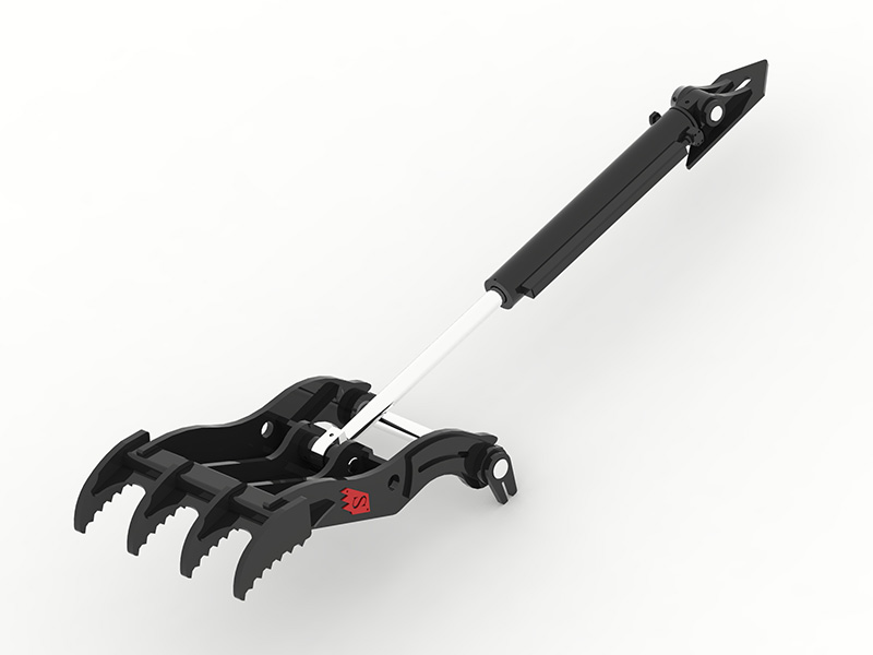 Hydraulic pin-mounted excavator thumb for cab-controlled grip on mixed materials