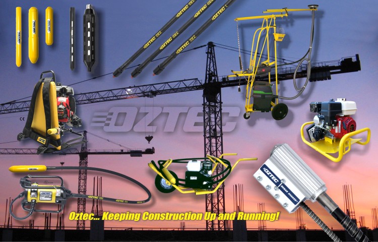 Oztec electric, gas, backpack, and rebar-shaker concrete vibrators with flexible shafts and heads