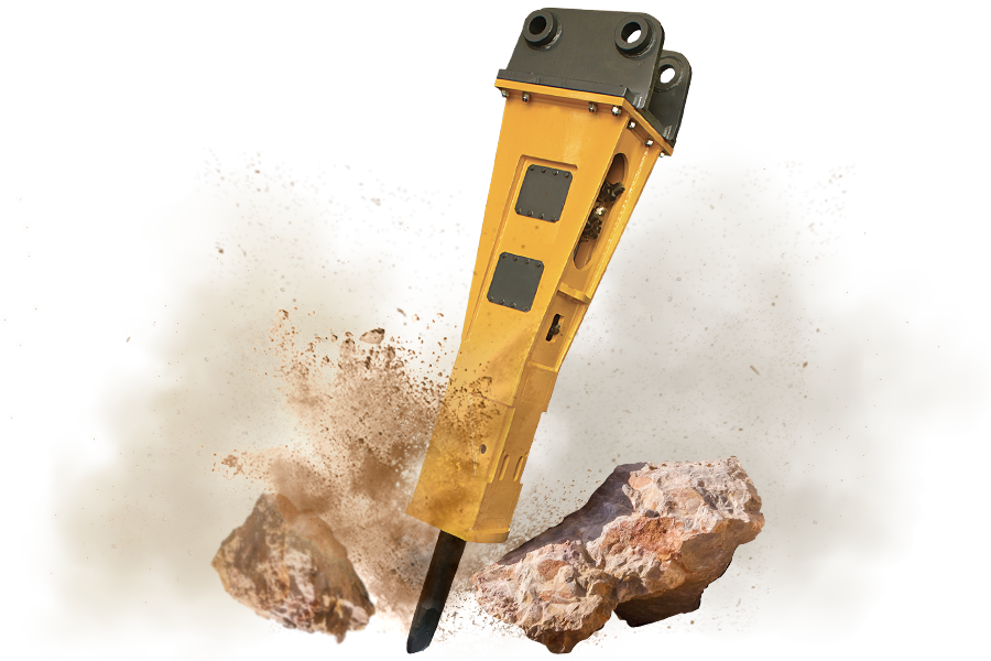 Indeco yellow hydraulic breaker splitting rock