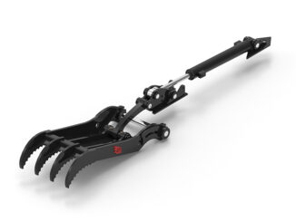 Hydraulic progressive-link excavator thumb showing linkage geometry for curl tracking