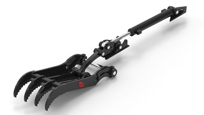 Hydraulic progressive-link excavator thumb showing linkage geometry for curl tracking